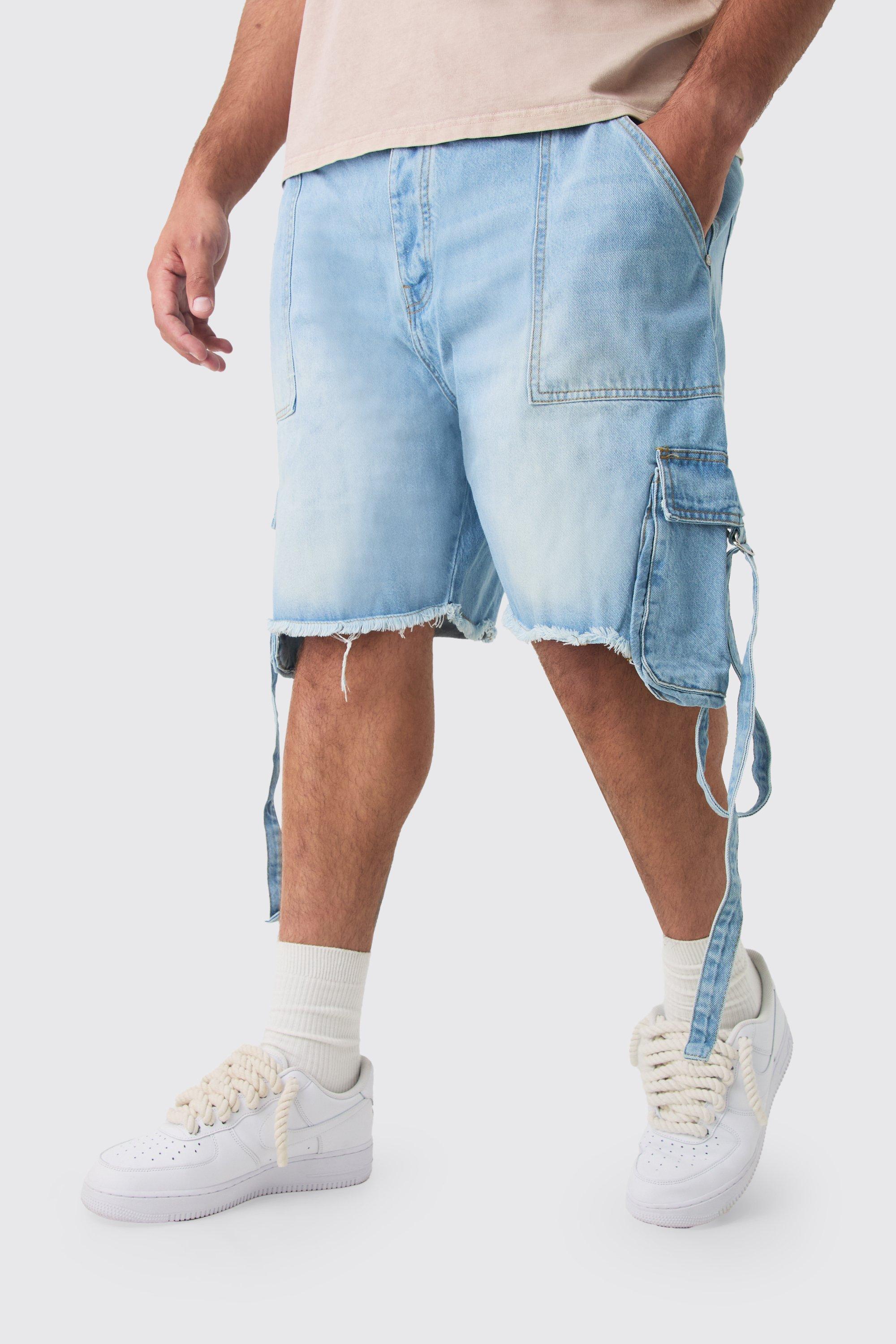 Mens Plus Relaxed Rigid Cargo Pocket Denim Short In Light Blue, Blue